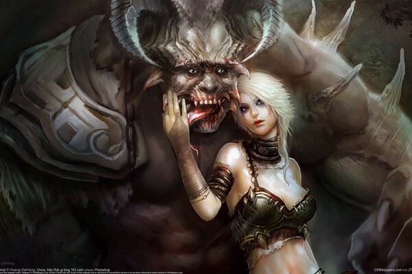 Scary monster with a blonde girl