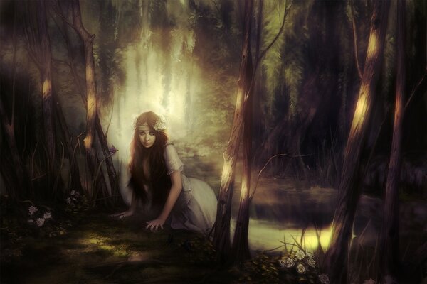 A girl in the forest on the shore of a pond