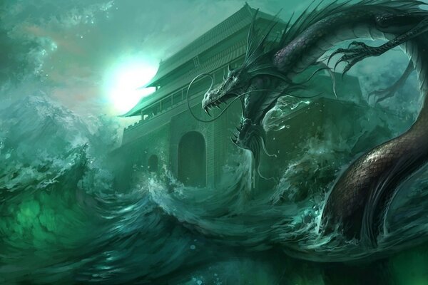Un dragón emerge de un mar turbulento