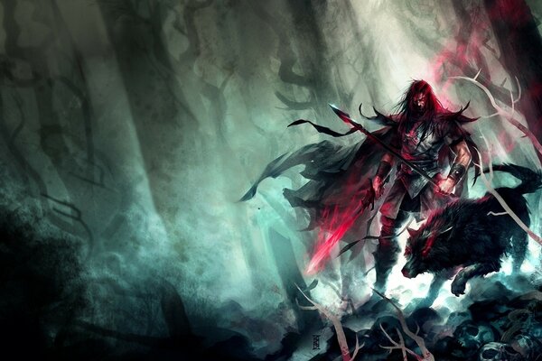 Ein Fantasy-Krieger, der von einem Wolf in einem mystischen Wald begleitet wird