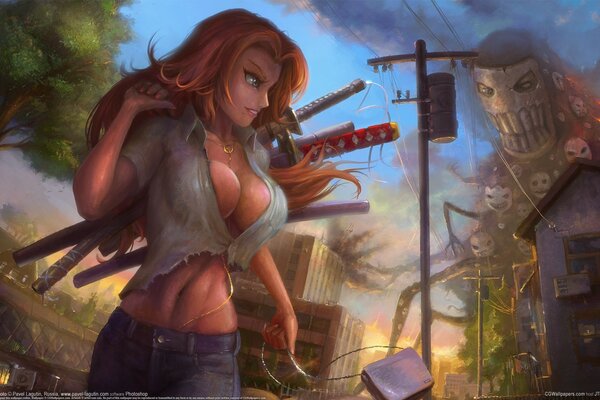 A red-haired girl in a T-shirt with a katana from matsumoto