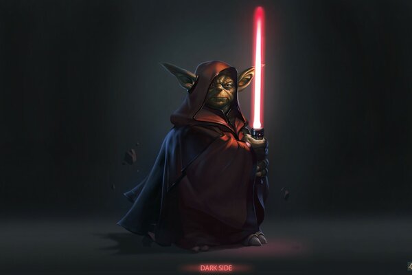 Yoda in a black hoodie holds a lightsaber