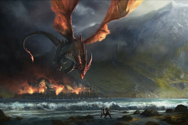 Fantasy dragon attack with a beautiful mountain landscape on the background
