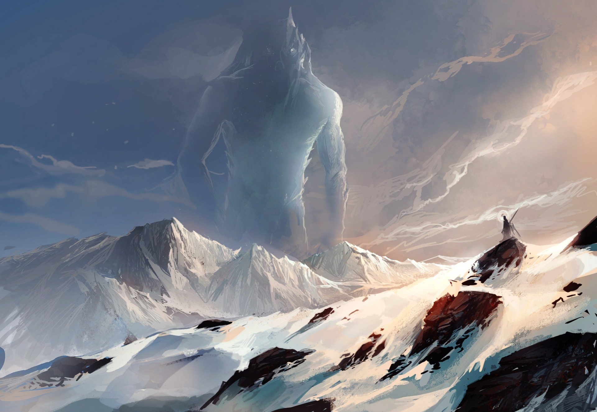 art landscape spirit sakimichan snow rock mountain being giant