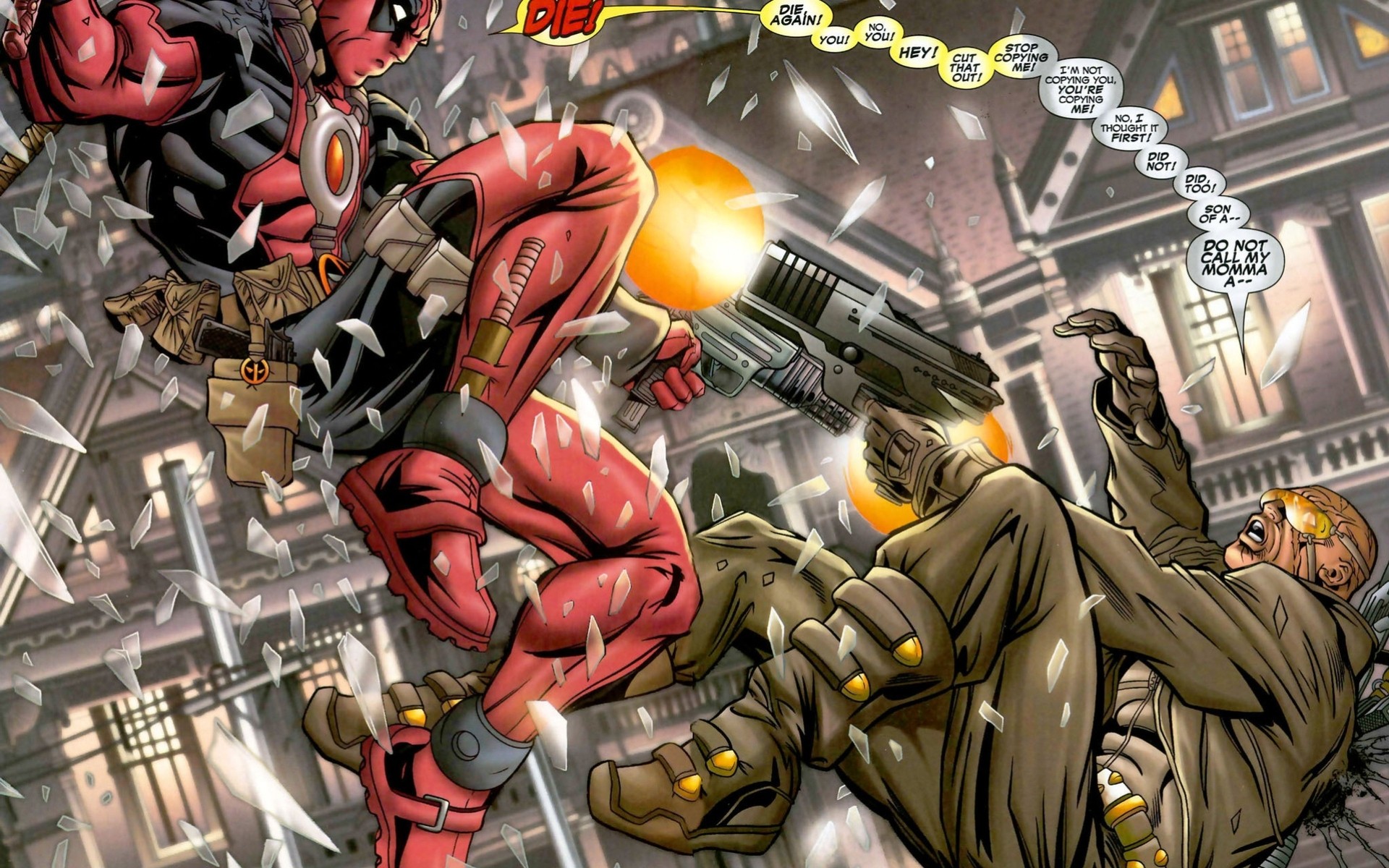 deadpool fortaleza voladora armas disparos héroes ninjas cómics marvel sangre