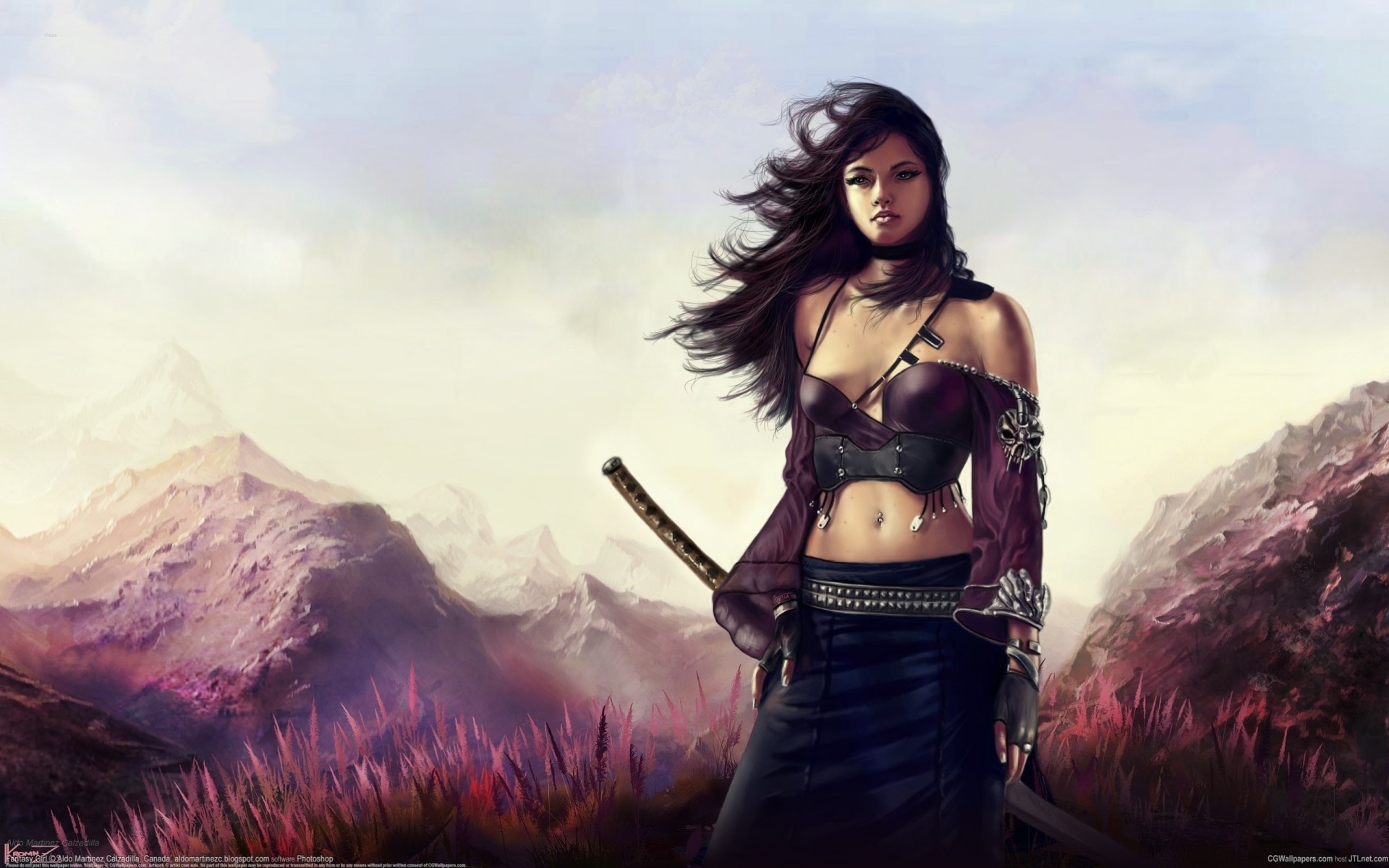 art girl sword wind katana mountain