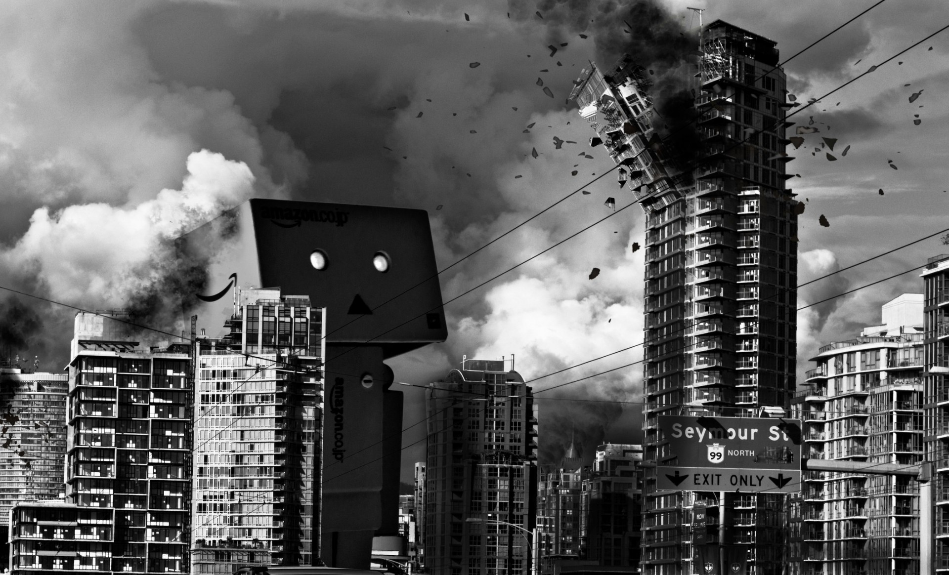 ciudad destruir hombre de cartón mundo monocromo danbo juguetes fantasía