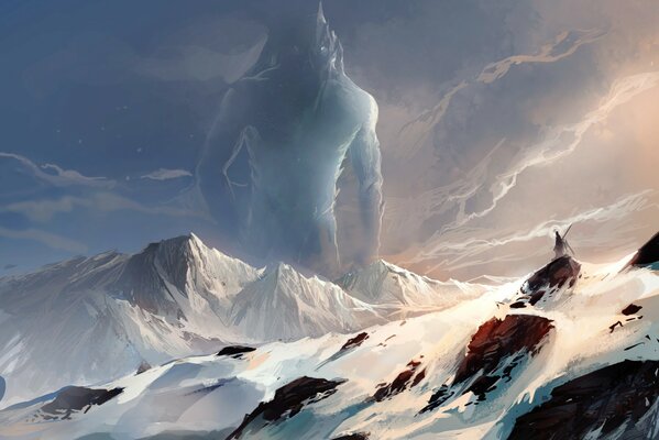 Drawing of a giant near the top of snowy mountains