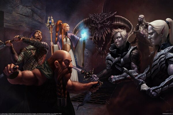 The clash of dark elves with magicians in the dungeon