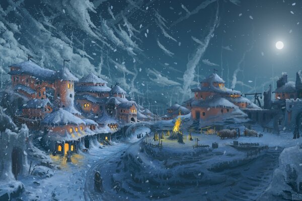 Drawing of a snow-covered city. Snowstorm