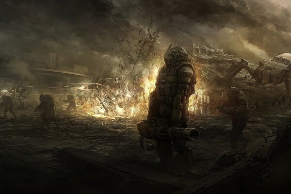 Image of the robot war. Explosion