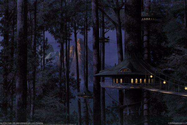 Houses on the bridge in the night forest