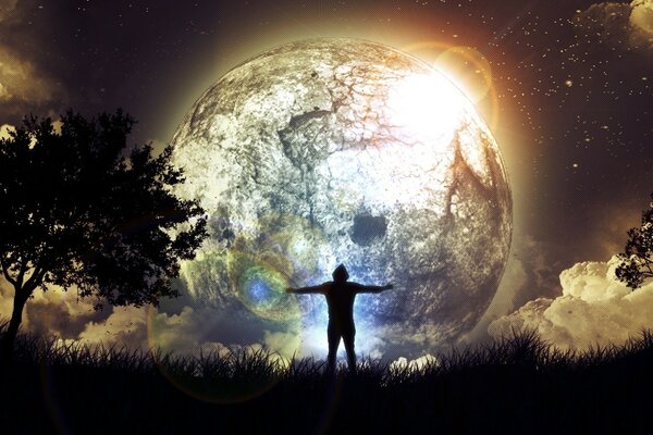 Fantastica luna molto bella, l uomo alla fine del mondo, il cosmo e la luna nell universo, la luna fantastica e l uomo di fronte
