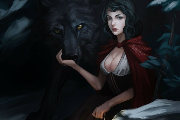 A girl with a deep cleavage with a black wolf