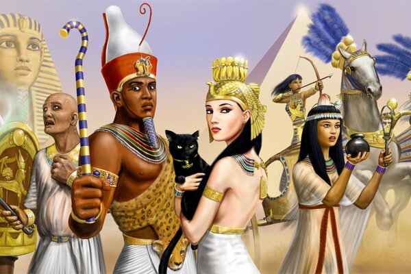 Peinture égyptienne avec Pharaon, Sphinx et char avec guerrier
