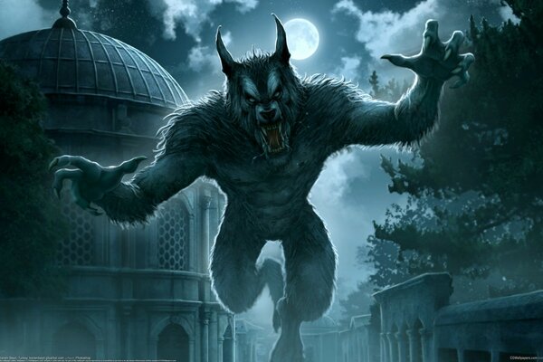 Ein Werwolf stürzt bei Vollmond in der Nacht mit Brüllen