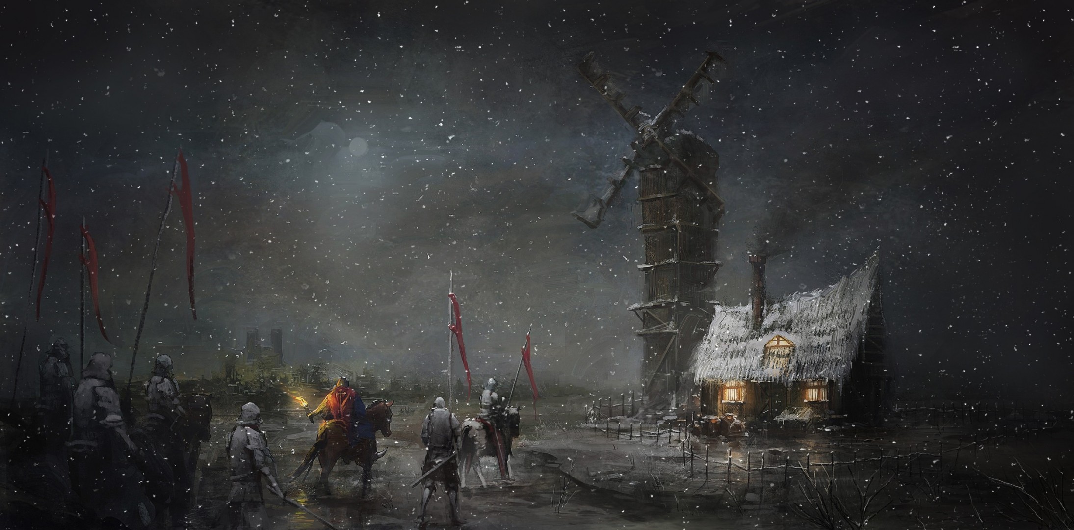 art night mill hut camping knights snow torch flag