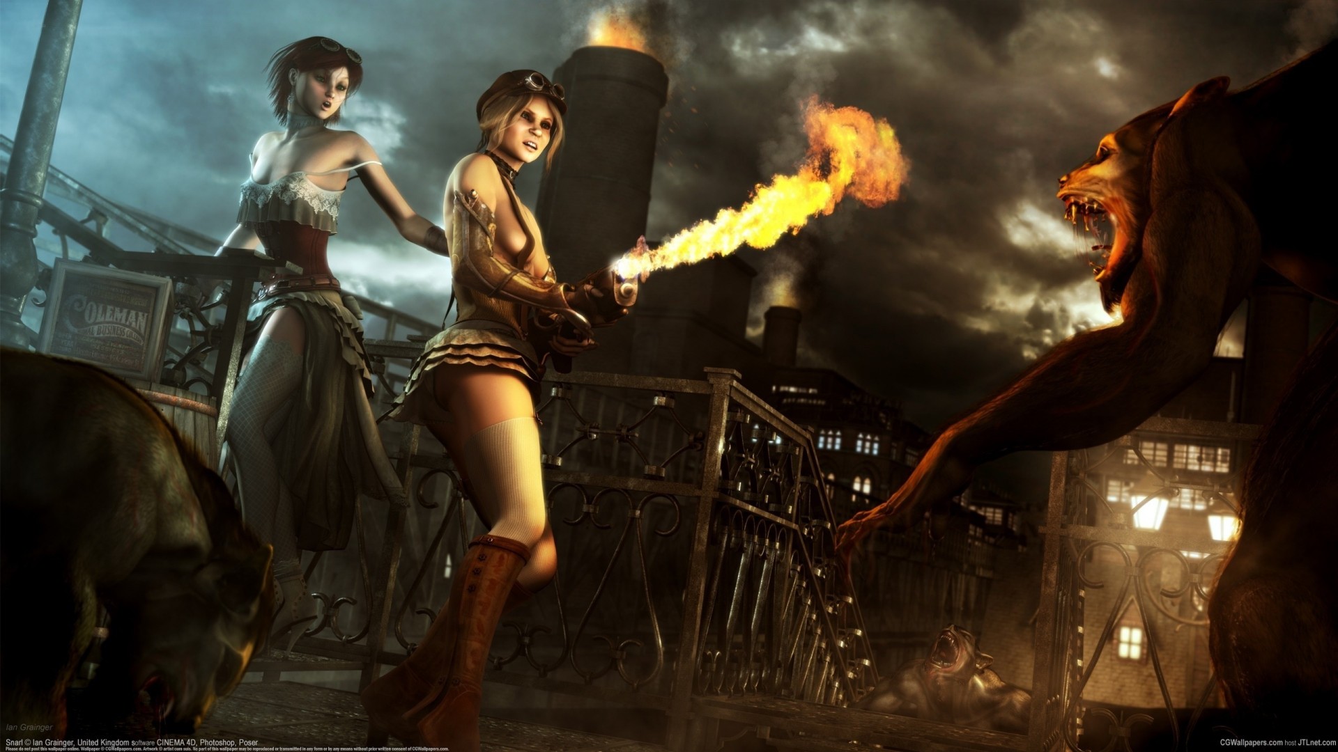 werewolves girls monsters flamethrower