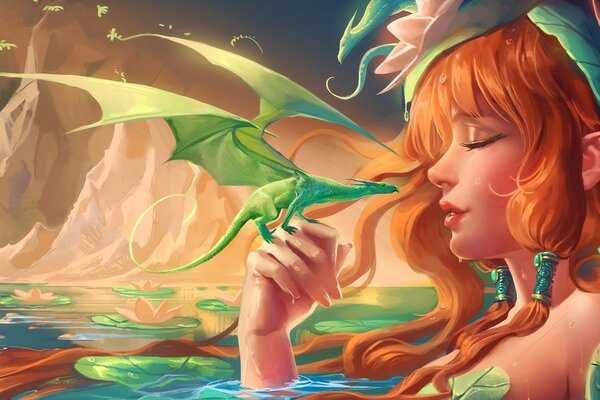 Fille Rousse avec un dragon sur un fond d étang avec des nénuphars