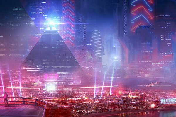 Color Art of the city of the future in the fog