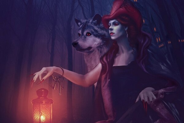 Little Red Riding hood with a lantern and a wolf