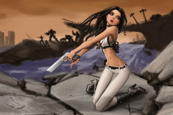 Cartoon belligerent beauty wielding a gun