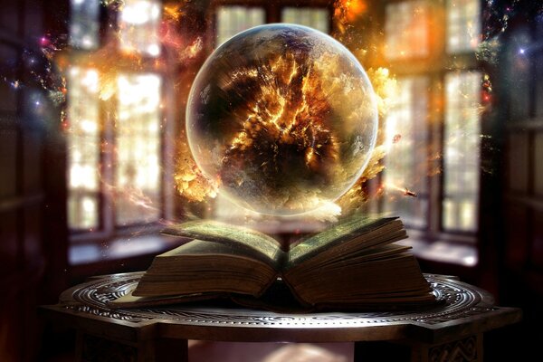 A glowing ball above a book on a tray