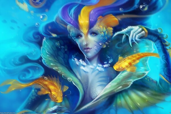 Mujer sirena con peces amarillos