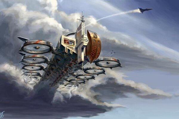 Arte di una nave volante in nuvole grigie