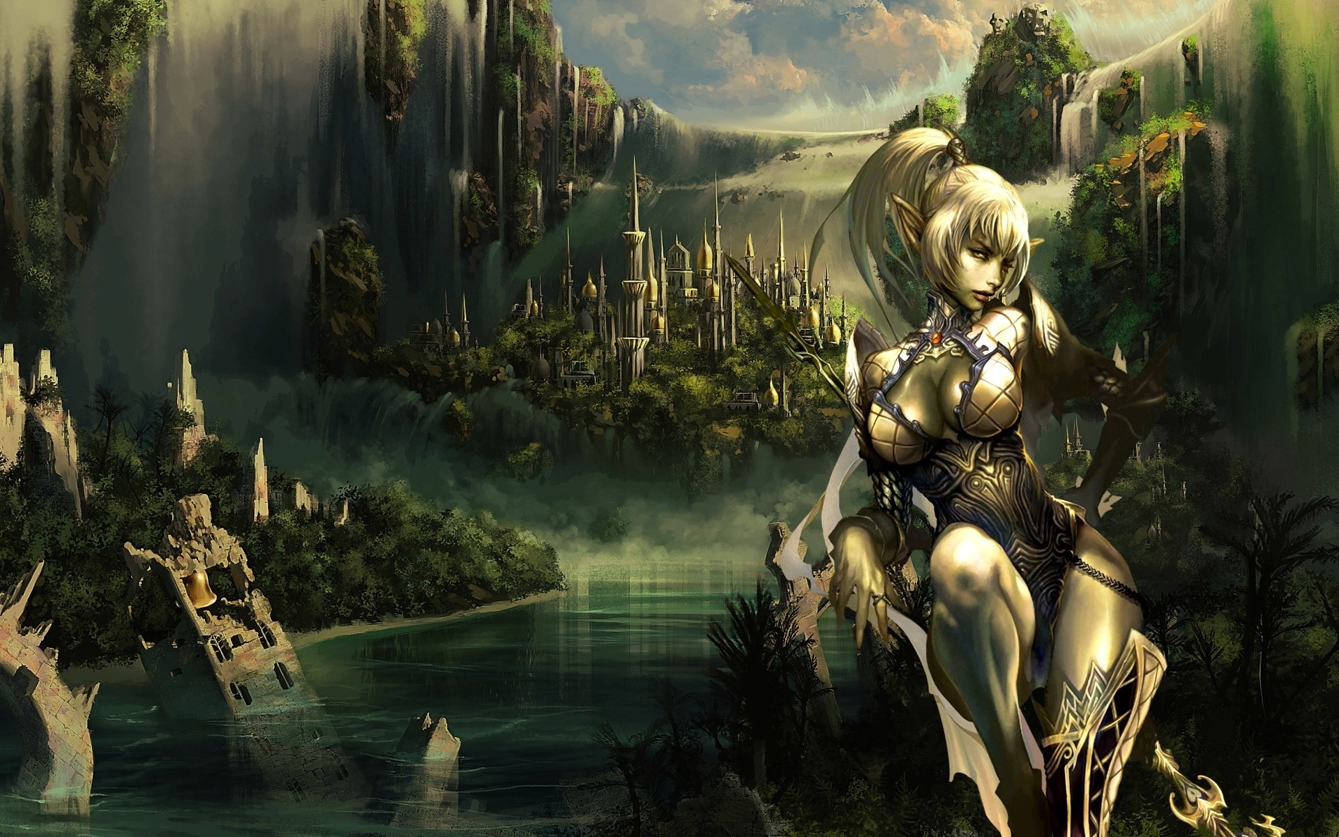 girl waterfall town elf warrior mountain