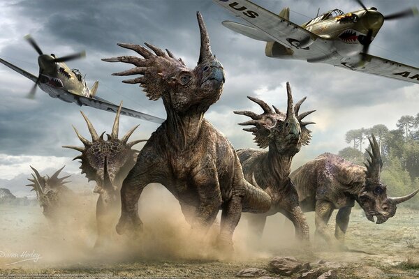 Running dinosaurs from the plane