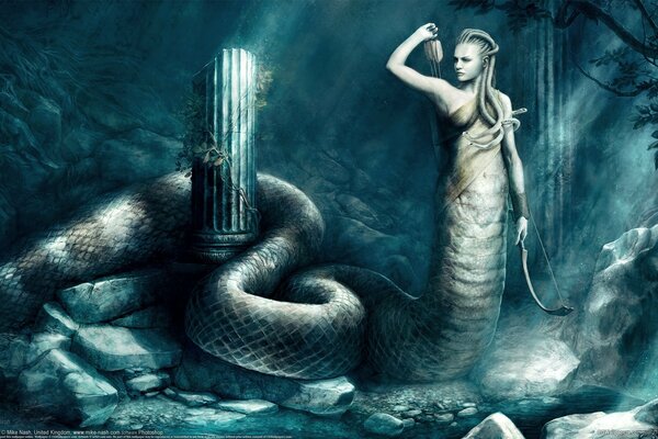 Snake girl underwater with bow and arrow