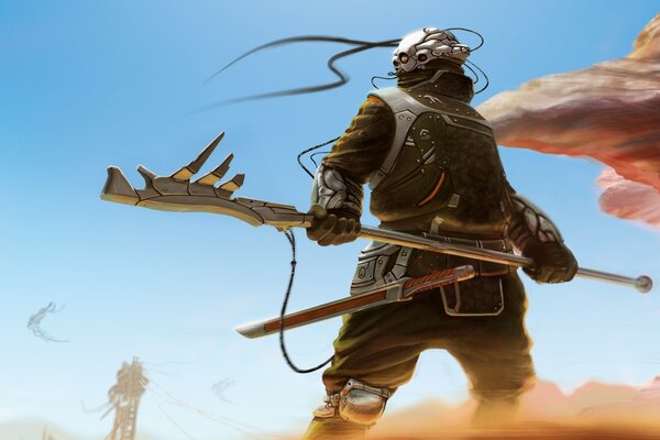 Iron warrior in the desert with a gun