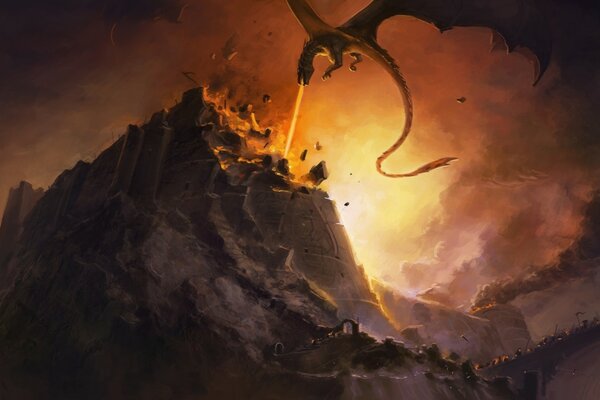 A fire-breathing Dragon flies over a rock