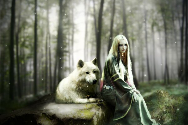 Hermosa imagen de una niña y un lobo