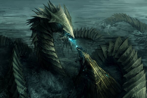 A fantastic dragon rises from the sea