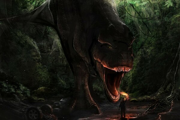 A dinosaur with an open mouth near a man with a torch