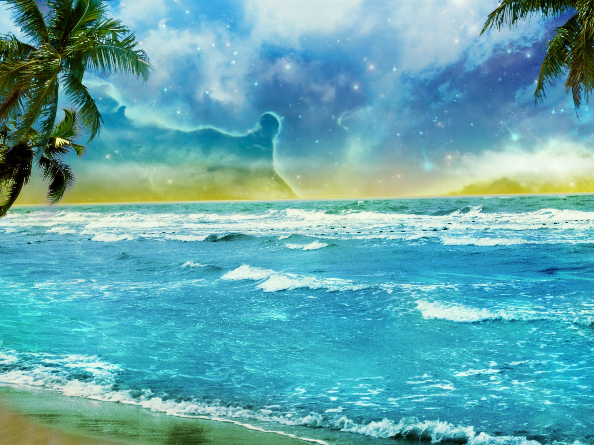 art beach palm trees clouds ocean shore sky