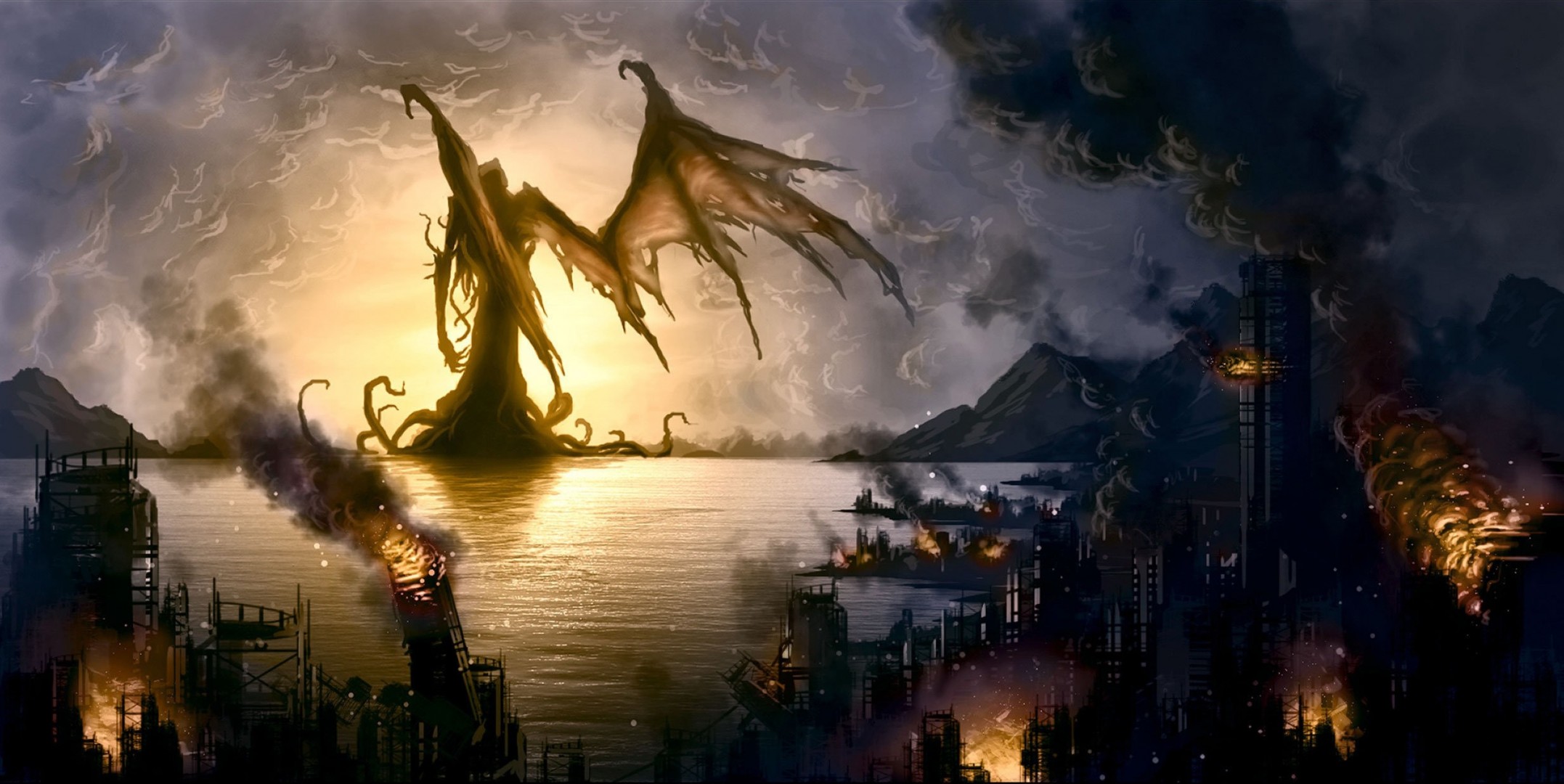 beachfront call of cthulhu destruction fire town monster bay h. p. lovecraft