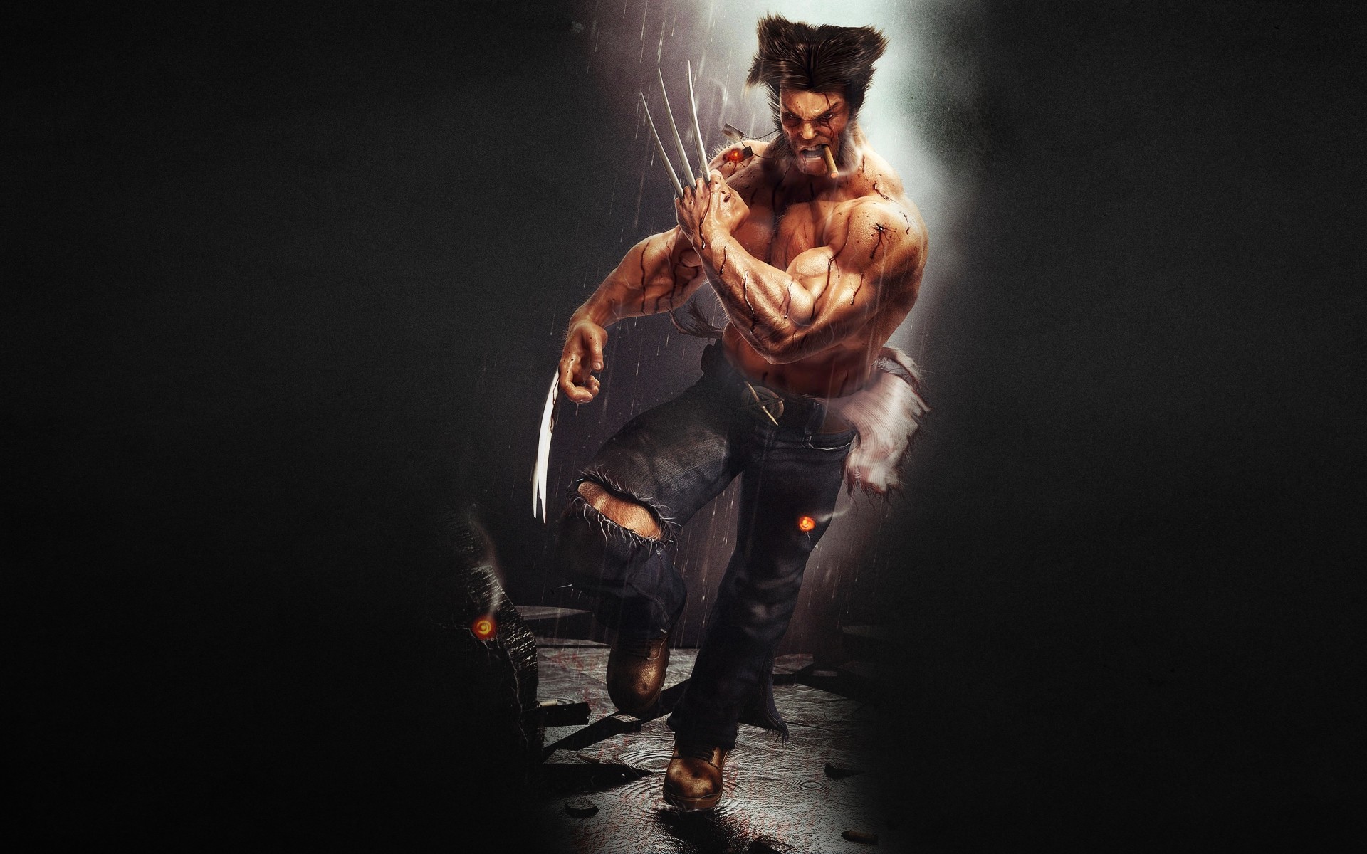 deszcz bieganie pazury wolverine x-men logan komiksy marvel zło ciemne tło cygaro