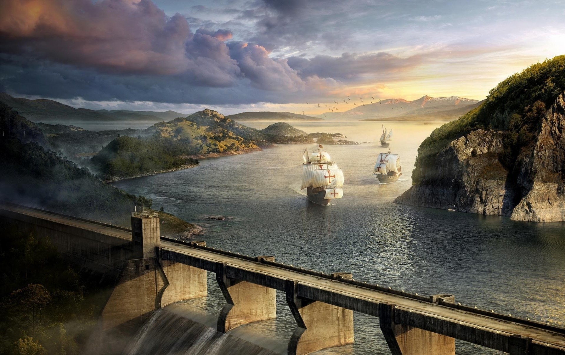 nubes paisaje río puente dique barcos aves rocas veleros