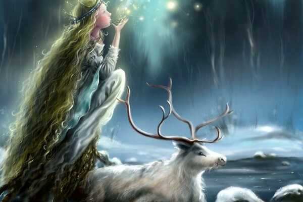 Призрак девушки с длинными волосами и оленя с ветвистыми рогами в снежную зимнюю ночь