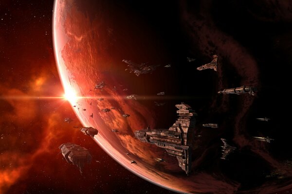 Spaceships on the background of the planet