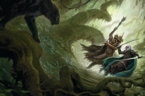 Эльфы в сказочном лесу во время битвы