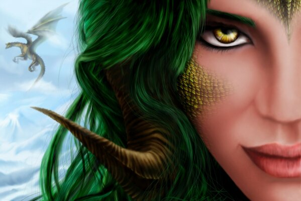 Арт лицо девушки с зелеными волосами рогами и темной драконьей чешуей