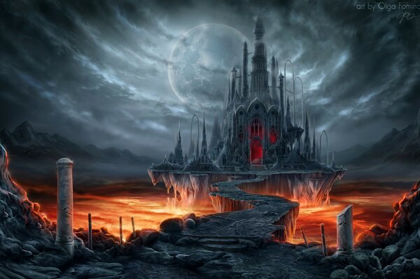 A dark castle surrounded by lava