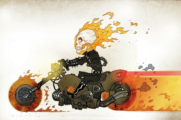 Drawing of a racer in a combat zone and chains on a fiery motorcycle