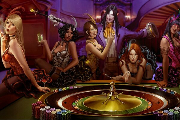 Casino Club chicas alrededor de la mesa con la ruleta