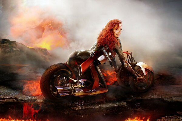 A girl on a bike surrounded by lava flames and smoke