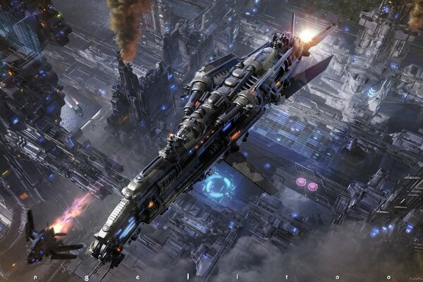 The night city of the future with fantastic ships flying across the sky